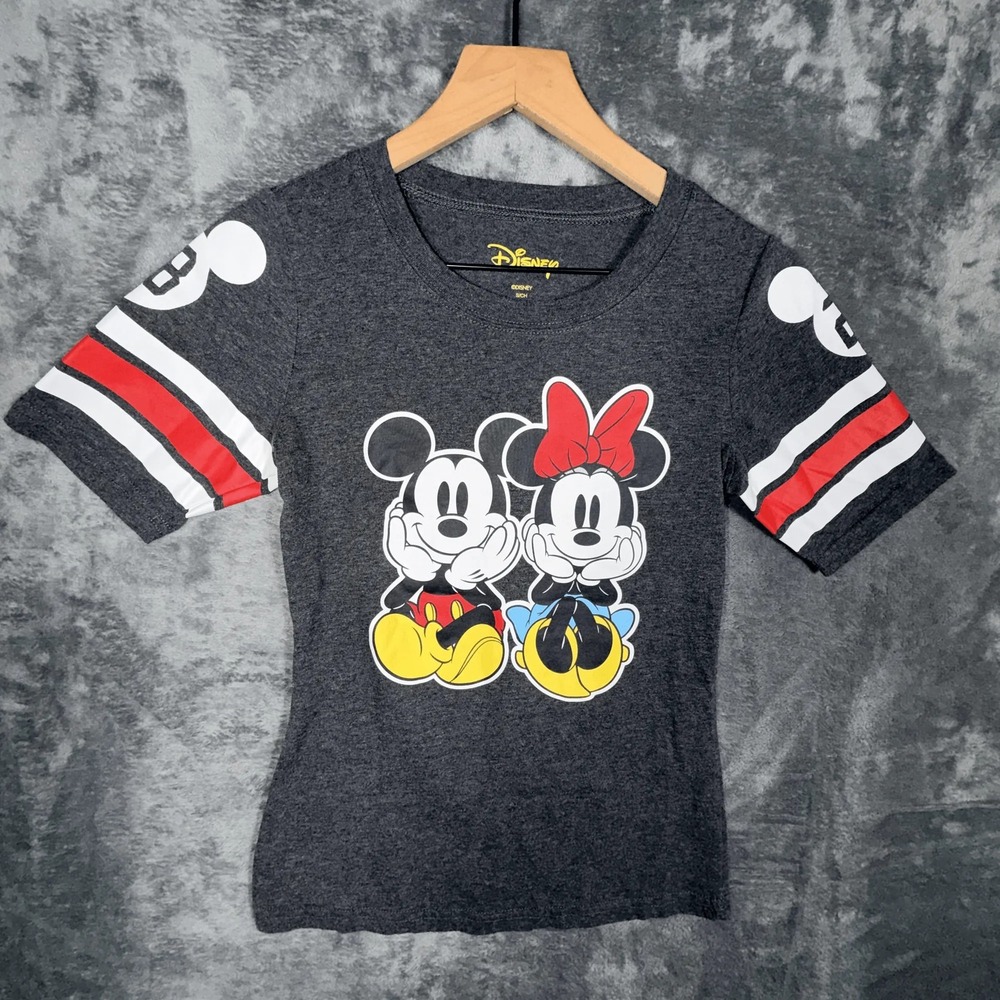 Disney Womens Mickey Minnie Mouse T-Shirt Size S Gray Graphic‎ Striped Sleeve
